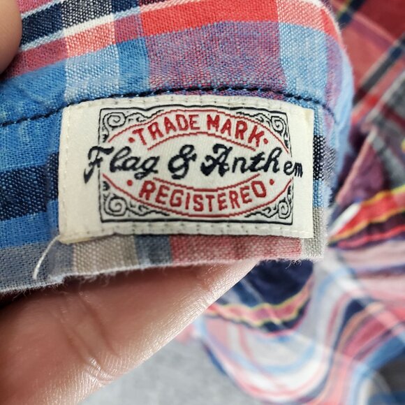 Flag & Anthem Shirt Mens XXL Red & Blue Plaid Short Sleeve Button Up Classic Fit - Picture 3 of 10